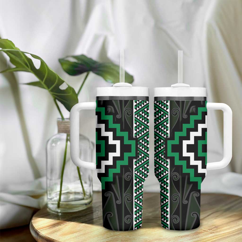 Jade Tukutuku Pattern Aotearoa Tumbler With Handle Niho Taniwha and Puhoro Motifs LT7 - Polynesian Pride