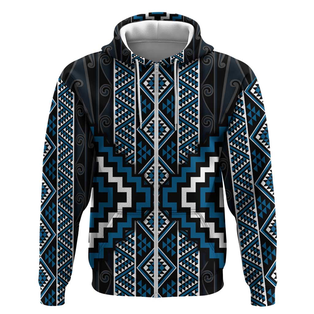 Azure Tukutuku Pattern Aotearoa Hoodie Niho Taniwha and Puhoro Motifs LT7 Zip Hoodie Blue - Polynesian Pride