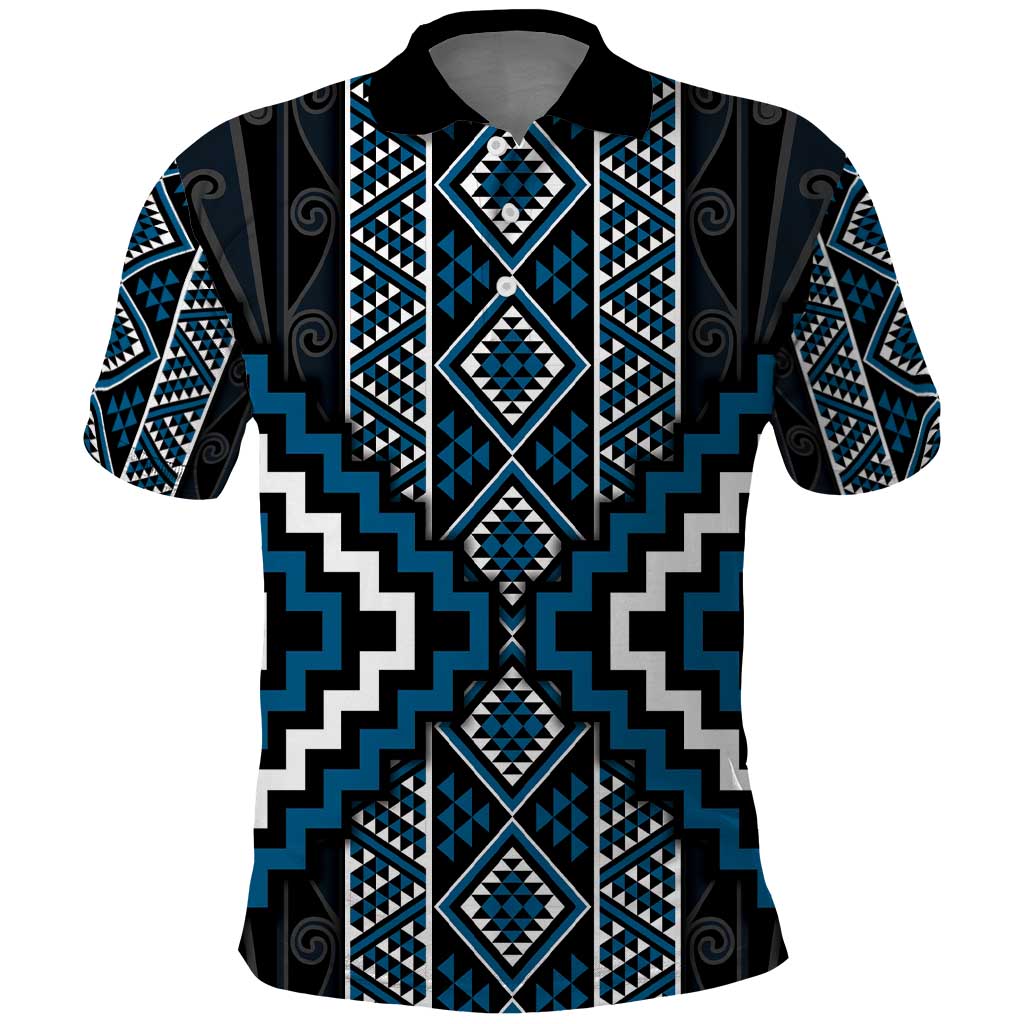 Azure Tukutuku Pattern Aotearoa Polo Shirt Niho Taniwha and Puhoro Motifs LT7 Blue - Polynesian Pride