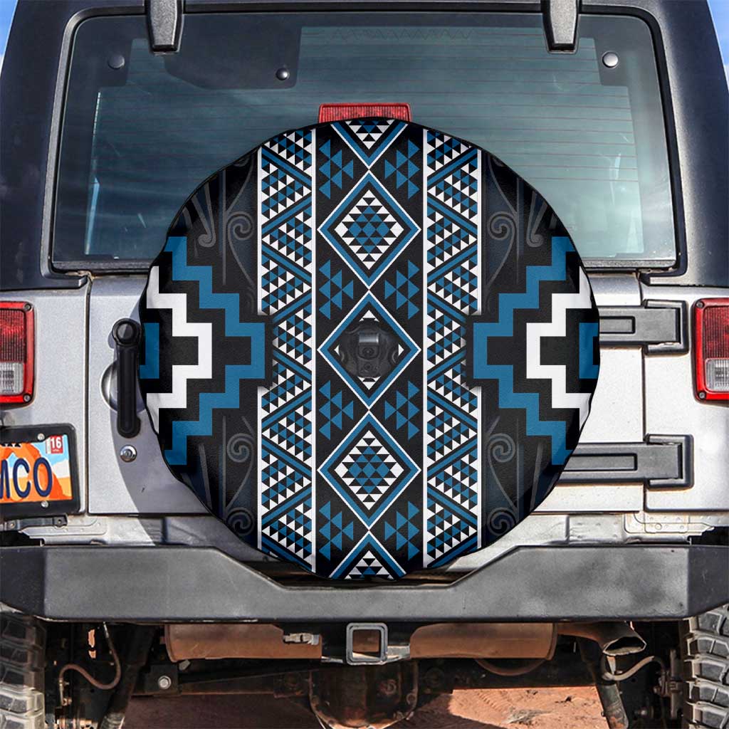 Azure Tukutuku Pattern Aotearoa Spare Tire Cover Niho Taniwha and Puhoro Motifs