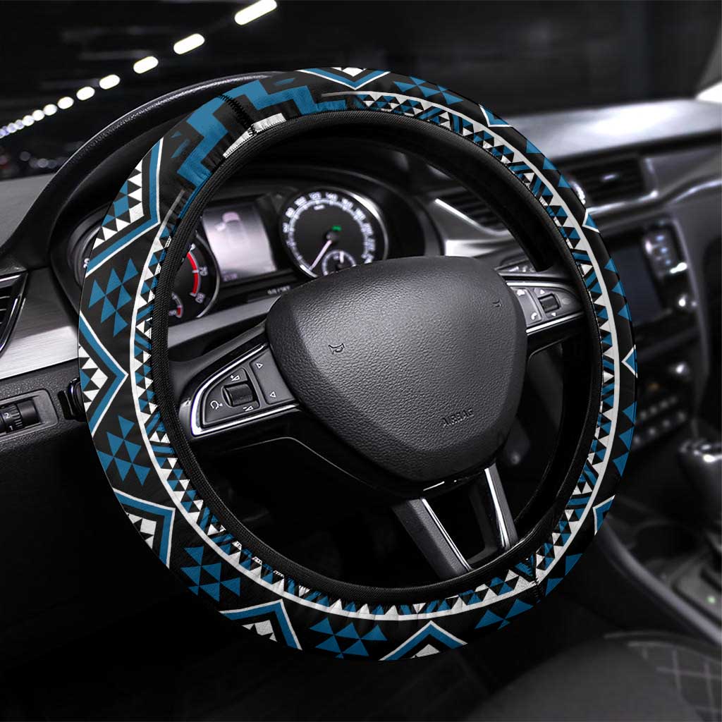 Azure Tukutuku Pattern Aotearoa Steering Wheel Cover Niho Taniwha and Puhoro Motifs