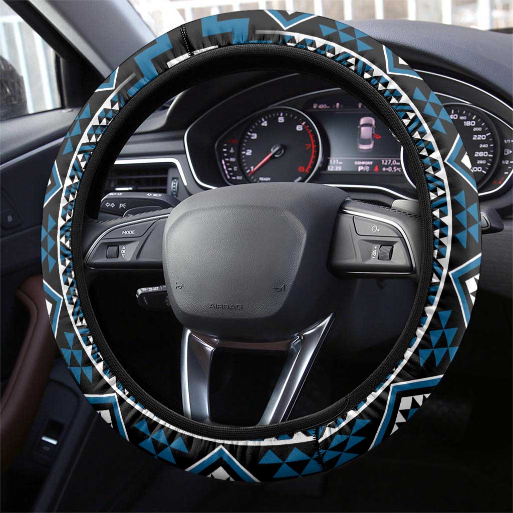 Azure Tukutuku Pattern Aotearoa Steering Wheel Cover Niho Taniwha and Puhoro Motifs LT7 - Polynesian Pride