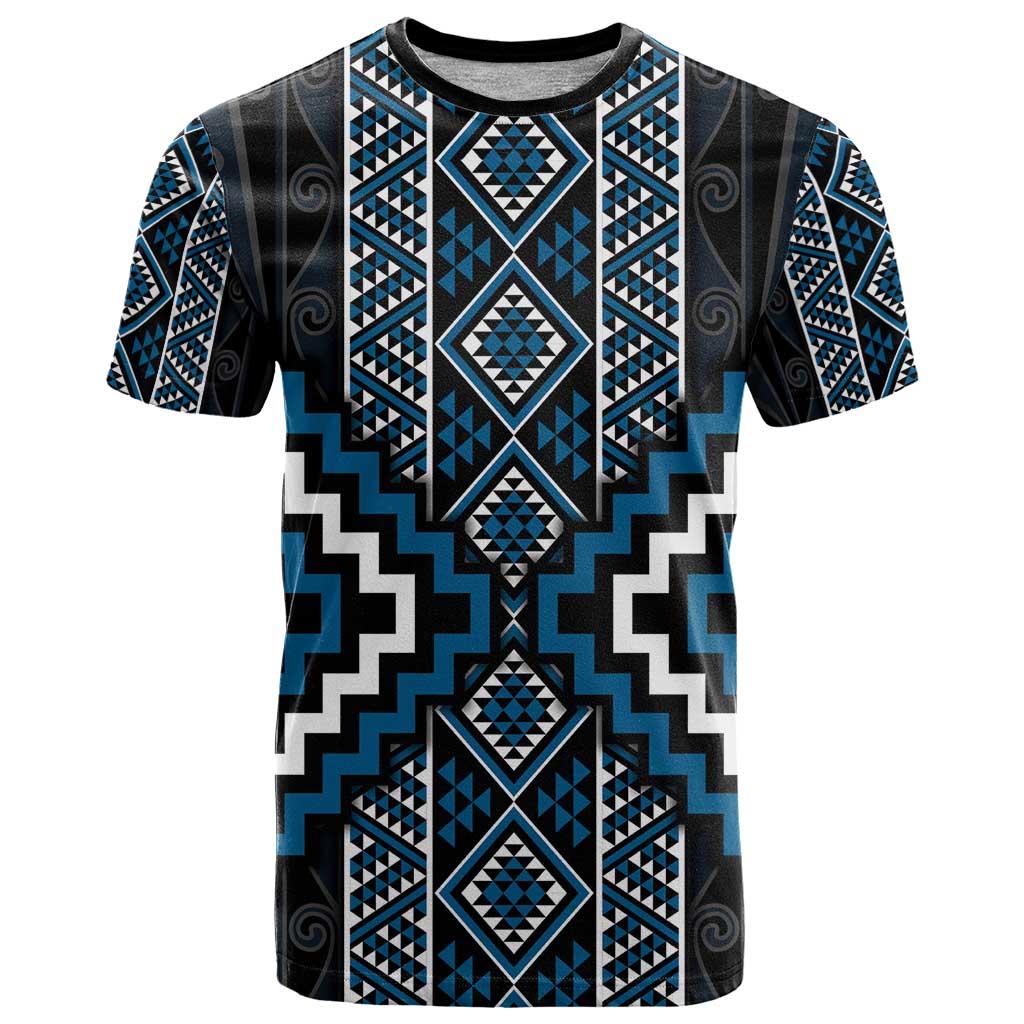 Azure Tukutuku Pattern Aotearoa T Shirt Niho Taniwha and Puhoro Motifs LT7 Blue - Polynesian Pride
