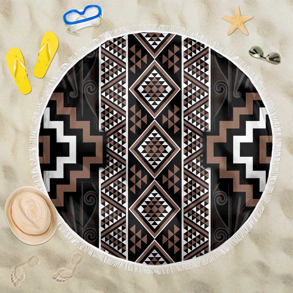 Classic Tukutuku Pattern Aotearoa Beach Blanket Niho Taniwha and Puhoro Motifs LT7 One Size 150cm Brown - Polynesian Pride
