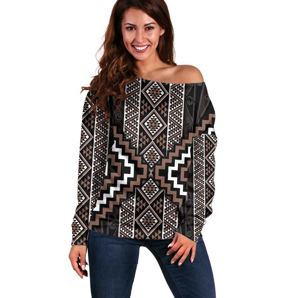 Classic Tukutuku Pattern Aotearoa Off Shoulder Sweater Niho Taniwha and Puhoro Motifs LT7 Women Brown - Polynesian Pride