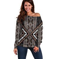 Classic Tukutuku Pattern Aotearoa Off Shoulder Sweater Niho Taniwha and Puhoro Motifs LT7 Women Brown - Polynesian Pride