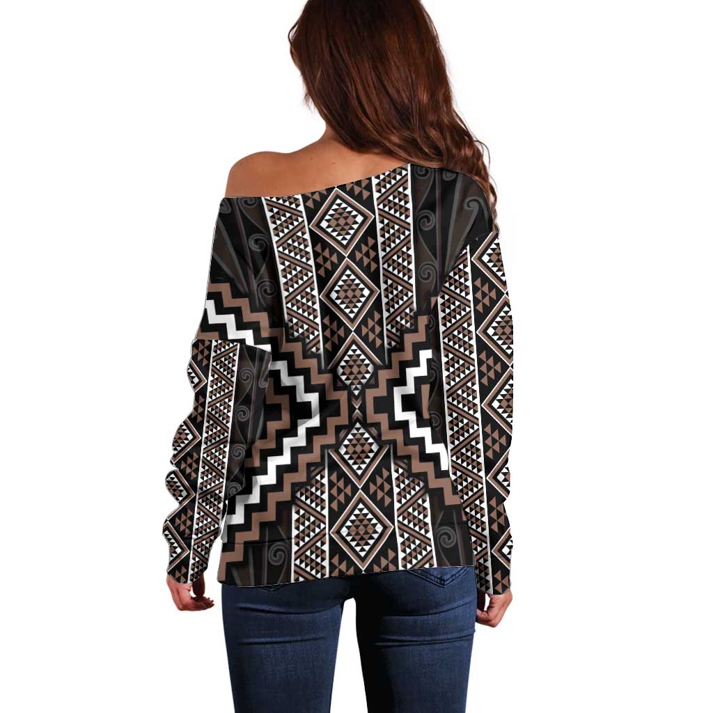 Classic Tukutuku Pattern Aotearoa Off Shoulder Sweater Niho Taniwha and Puhoro Motifs LT7 - Polynesian Pride
