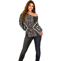 Classic Tukutuku Pattern Aotearoa Off Shoulder Sweater Niho Taniwha and Puhoro Motifs LT7 - Polynesian Pride