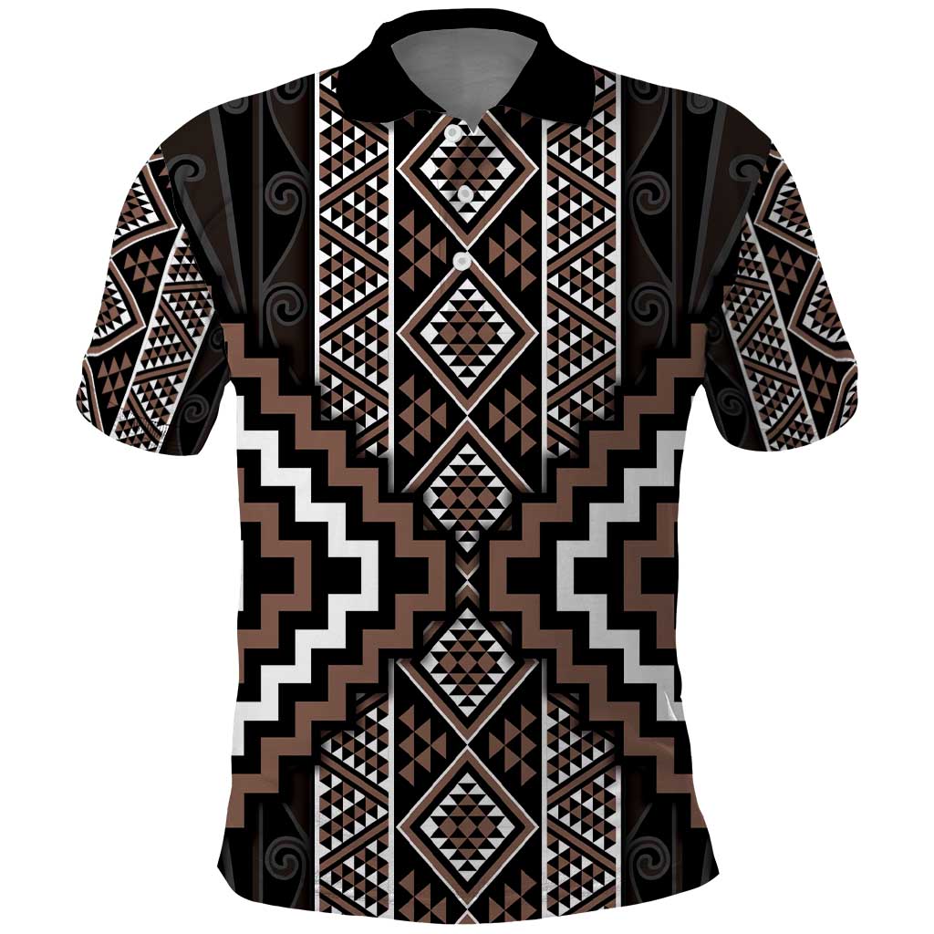 Classic Tukutuku Pattern Aotearoa Polo Shirt Niho Taniwha and Puhoro Motifs LT7 Brown - Polynesian Pride