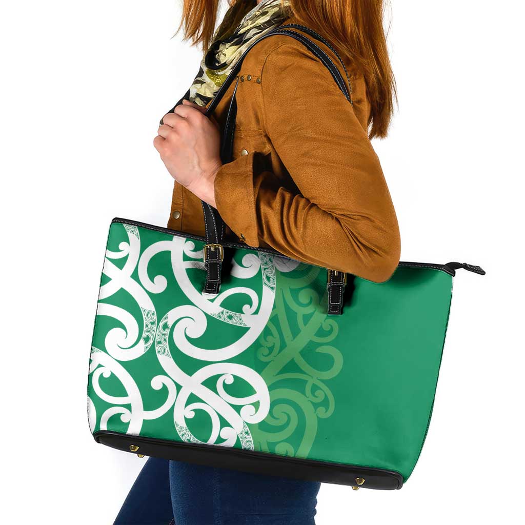Pounamu Green Maori Leather Tote Bag Koru Kowhaiwhai LT7 Green - Polynesian Pride