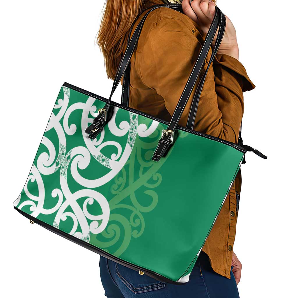 Pounamu Green Maori Leather Tote Bag Koru Kowhaiwhai LT7 - Polynesian Pride