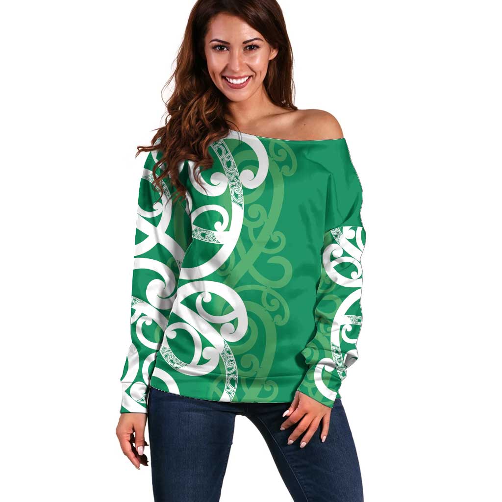 Pounamu Green Maori Off Shoulder Sweater Koru Kowhaiwhai LT7 Women Green - Polynesian Pride
