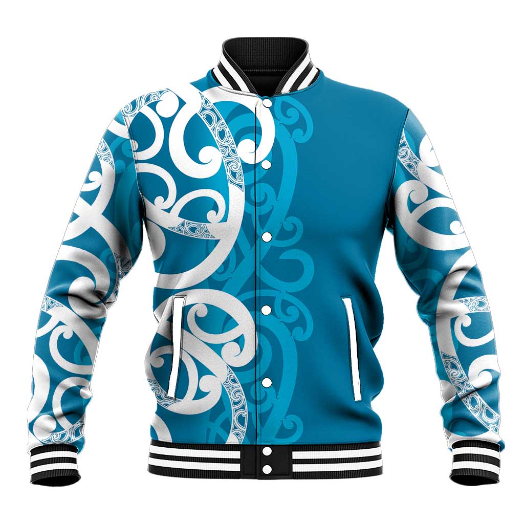Azure Blue Maori Baseball Jacket Koru Kowhaiwhai LT7 Unisex Blue - Polynesian Pride