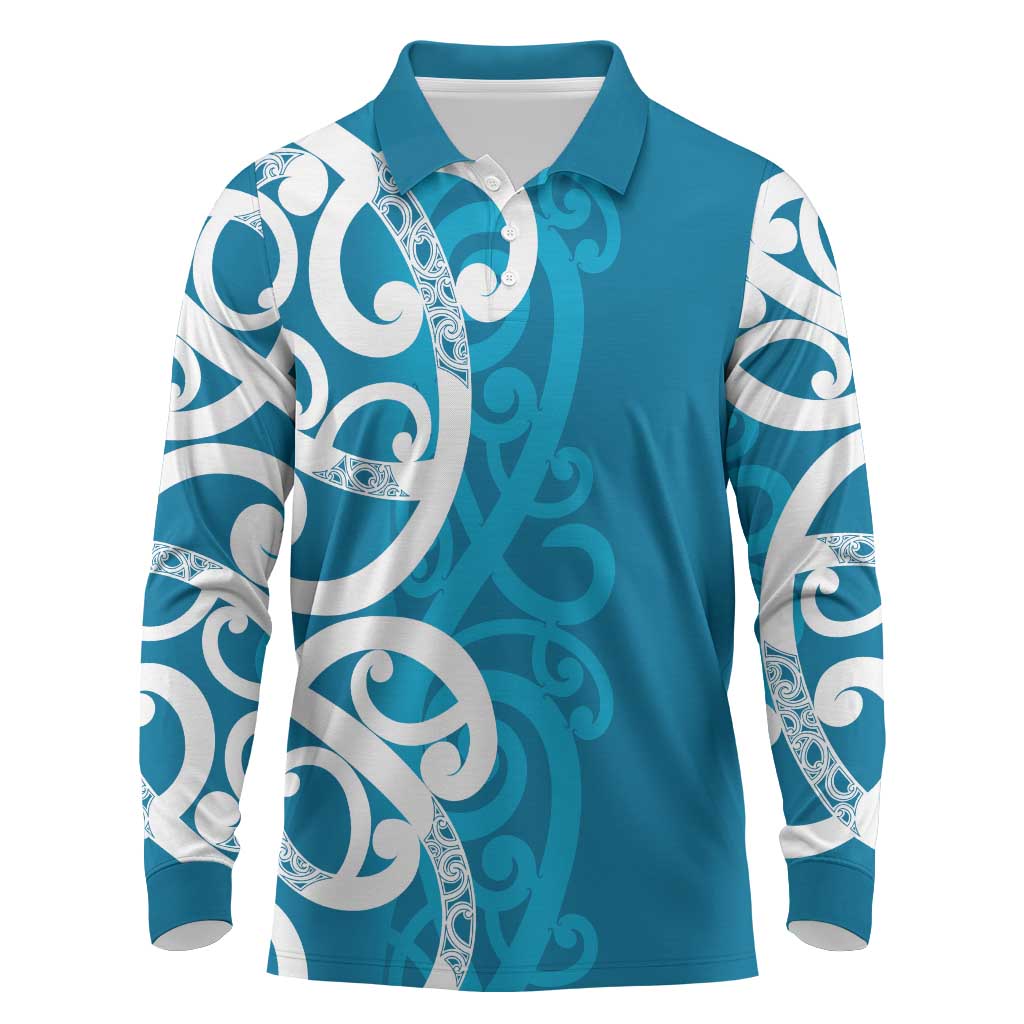 Azure Blue Maori Long Sleeve Polo Shirt Koru Kowhaiwhai LT7 Blue - Polynesian Pride