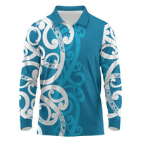 Azure Blue Maori Long Sleeve Polo Shirt Koru Kowhaiwhai LT7 Blue - Polynesian Pride