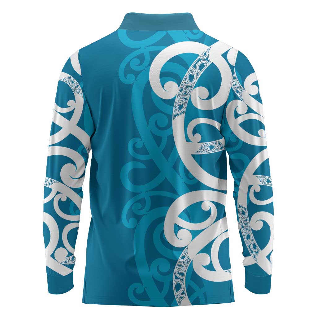 Azure Blue Maori Long Sleeve Polo Shirt Koru Kowhaiwhai LT7 - Polynesian Pride