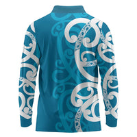 Azure Blue Maori Long Sleeve Polo Shirt Koru Kowhaiwhai LT7 - Polynesian Pride