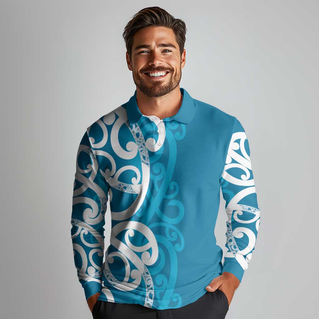 Azure Blue Maori Long Sleeve Polo Shirt Koru Kowhaiwhai LT7 - Polynesian Pride