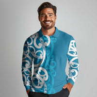 Azure Blue Maori Long Sleeve Polo Shirt Koru Kowhaiwhai LT7 - Polynesian Pride