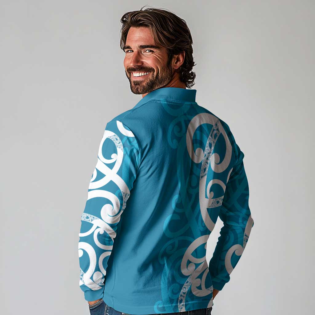 Azure Blue Maori Long Sleeve Polo Shirt Koru Kowhaiwhai LT7 - Polynesian Pride
