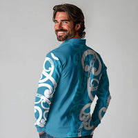 Azure Blue Maori Long Sleeve Polo Shirt Koru Kowhaiwhai LT7 - Polynesian Pride