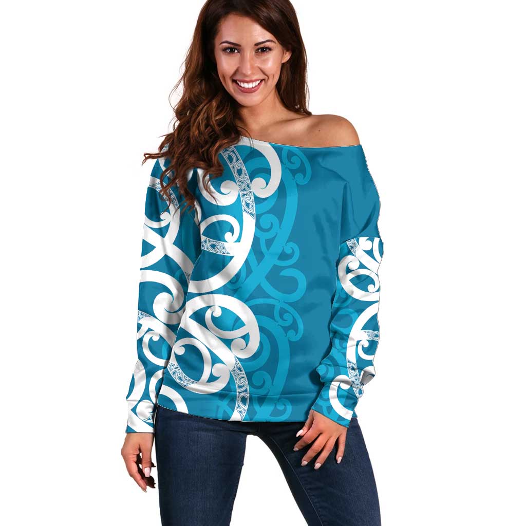 Azure Blue Maori Off Shoulder Sweater Koru Kowhaiwhai LT7 Women Blue - Polynesian Pride