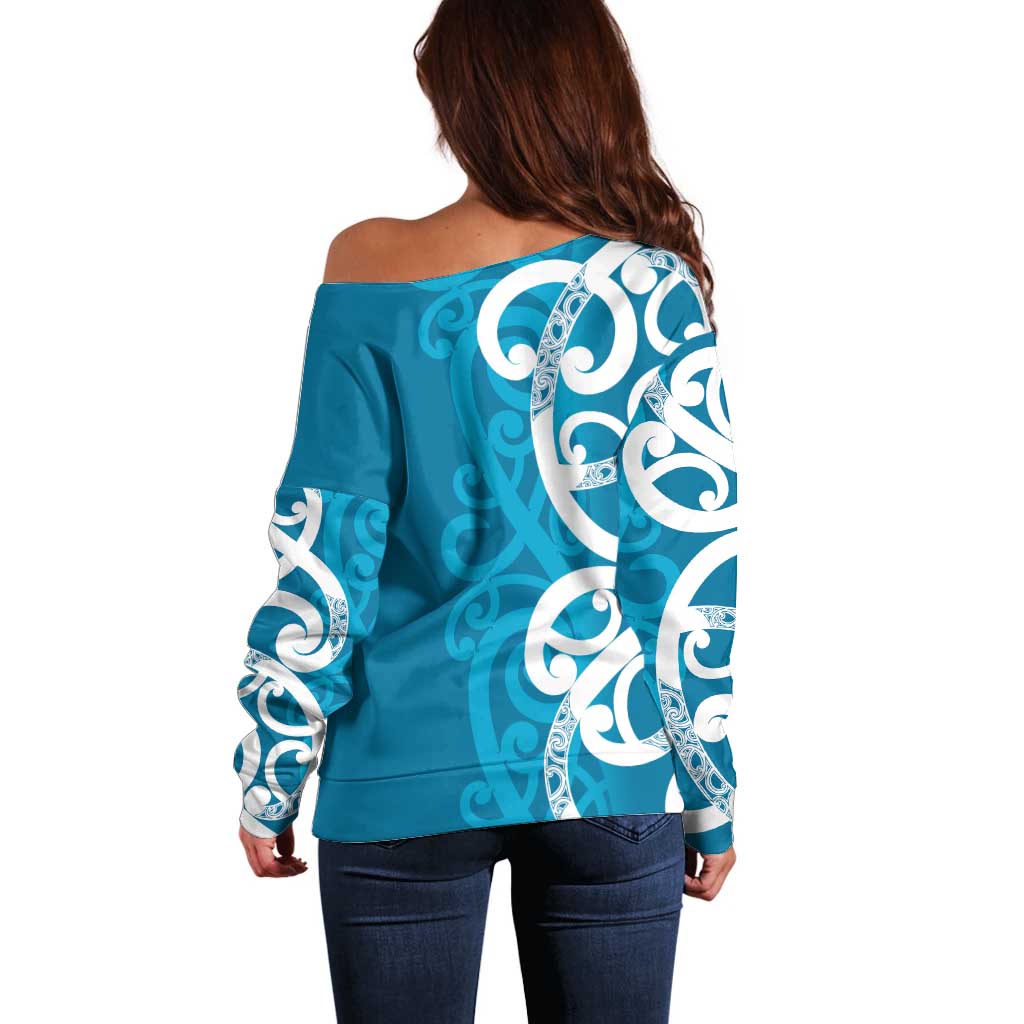 Azure Blue Maori Off Shoulder Sweater Koru Kowhaiwhai LT7 - Polynesian Pride