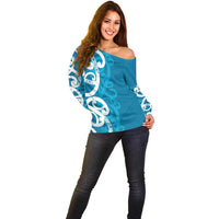 Azure Blue Maori Off Shoulder Sweater Koru Kowhaiwhai LT7 - Polynesian Pride