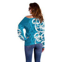 Azure Blue Maori Off Shoulder Sweater Koru Kowhaiwhai LT7 - Polynesian Pride