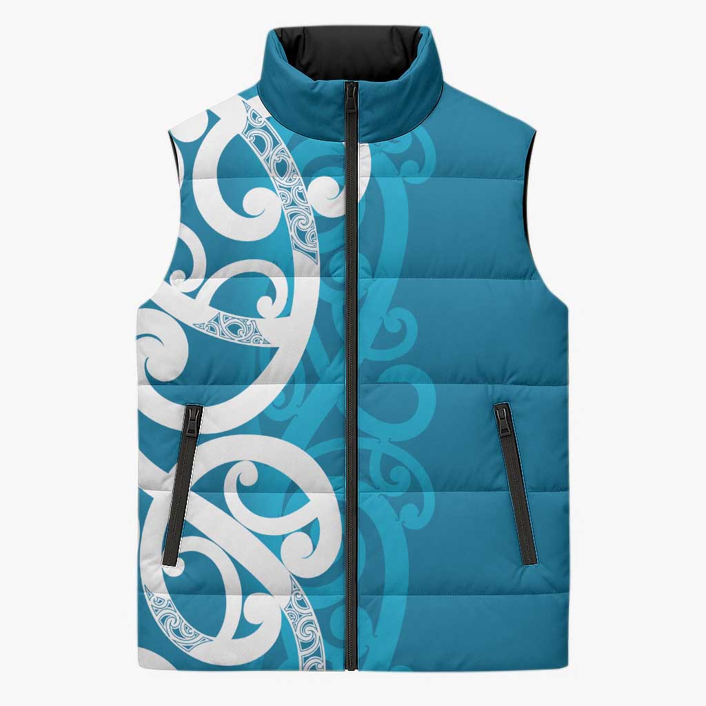 Azure Blue Maori Sleeveless Puffer Jacket Koru Kowhaiwhai LT7 Unisex Blue - Polynesian Pride