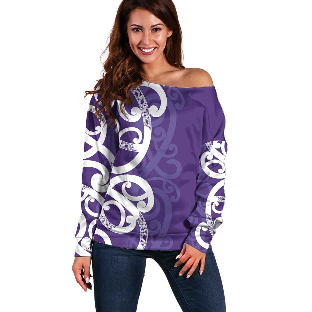 Violet Green Maori Off Shoulder Sweater Koru Kowhaiwhai LT7 Women Violet - Polynesian Pride