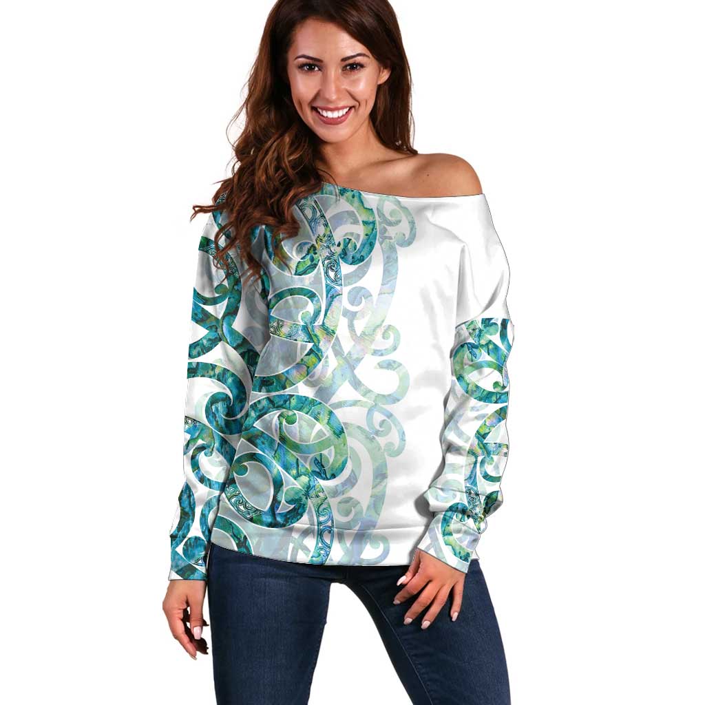 Paua Shell Maori Off Shoulder Sweater Koru Kowhaiwhai LT7 Women White - Polynesian Pride