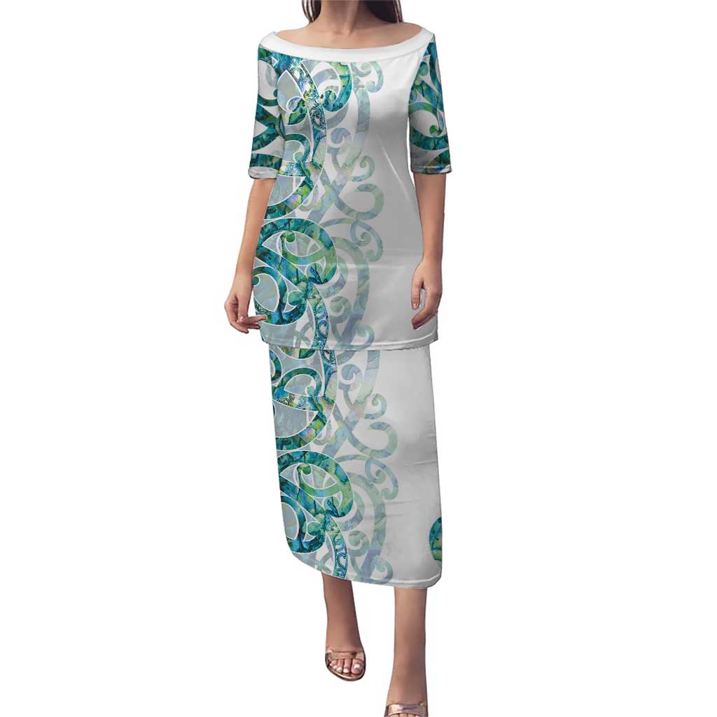 Paua Shell Maori Puletasi Koru Kowhaiwhai LT7 Long Dress White - Polynesian Pride