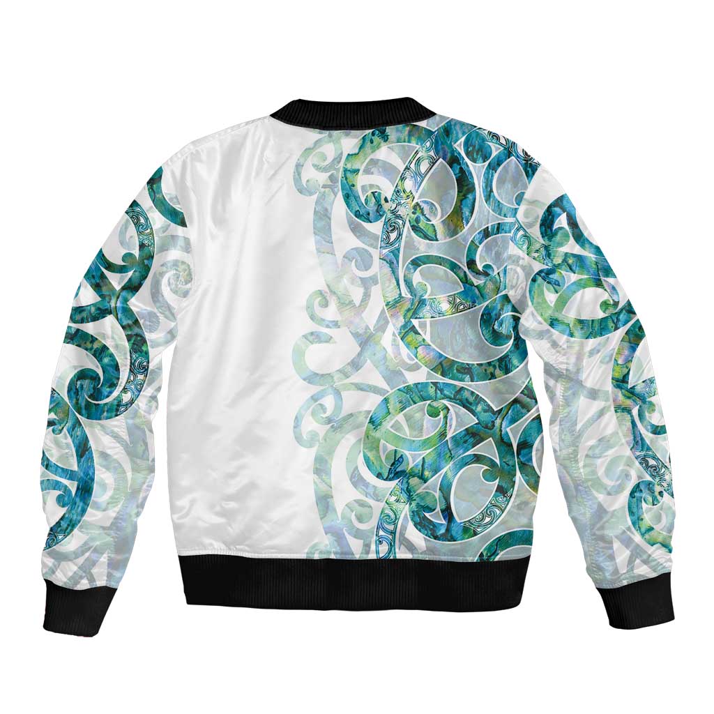 Paua Shell Maori Sleeve Zip Bomber Jacket Koru Kowhaiwhai LT7 - Polynesian Pride