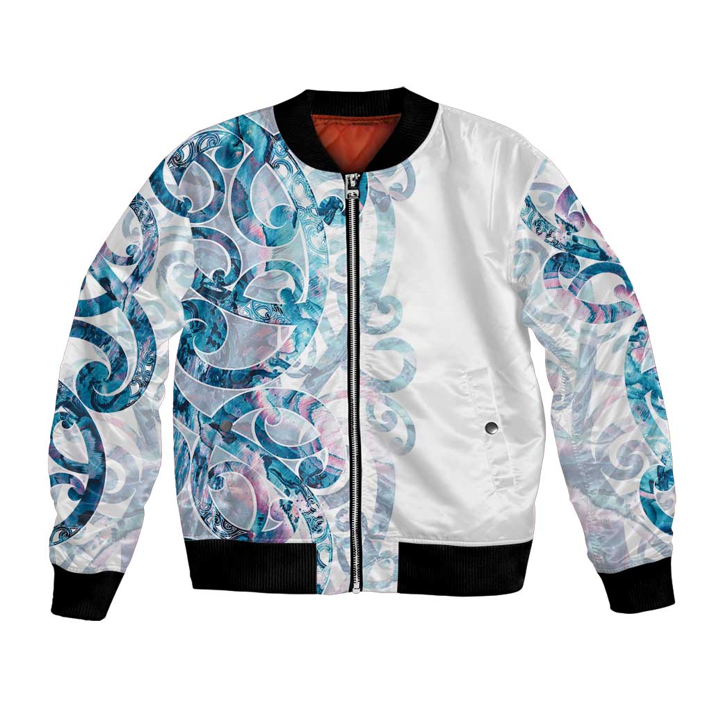 Turquoise Paua Shell Maori Bomber Jacket Koru Kowhaiwhai LT7 Unisex White - Polynesian Pride