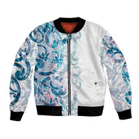 Turquoise Paua Shell Maori Bomber Jacket Koru Kowhaiwhai LT7 Unisex White - Polynesian Pride
