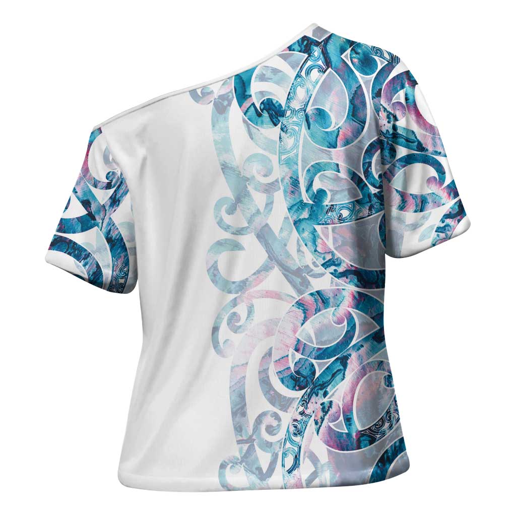 Turquoise Paua Shell Maori Cross Shoulder Shirt Koru Kowhaiwhai LT7 - Polynesian Pride