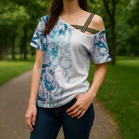 Turquoise Paua Shell Maori Cross Shoulder Shirt Koru Kowhaiwhai LT7 - Polynesian Pride