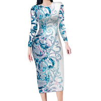 Turquoise Paua Shell Maori Long Sleeve Bodycon Dress Koru Kowhaiwhai LT7 Long Dress White - Polynesian Pride