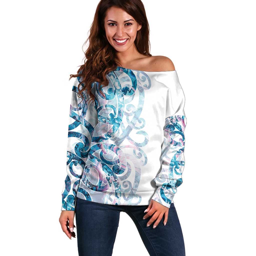 Turquoise Paua Shell Maori Off Shoulder Sweater Koru Kowhaiwhai LT7 Women White - Polynesian Pride