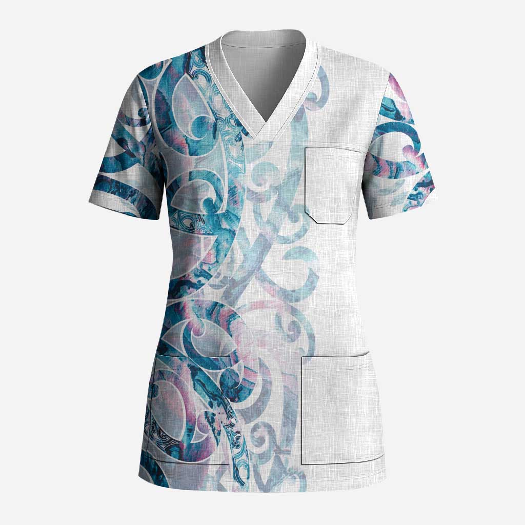 Turquoise Paua Shell Maori Scrub Top Koru Kowhaiwhai LT7 Adult White - Polynesian Pride