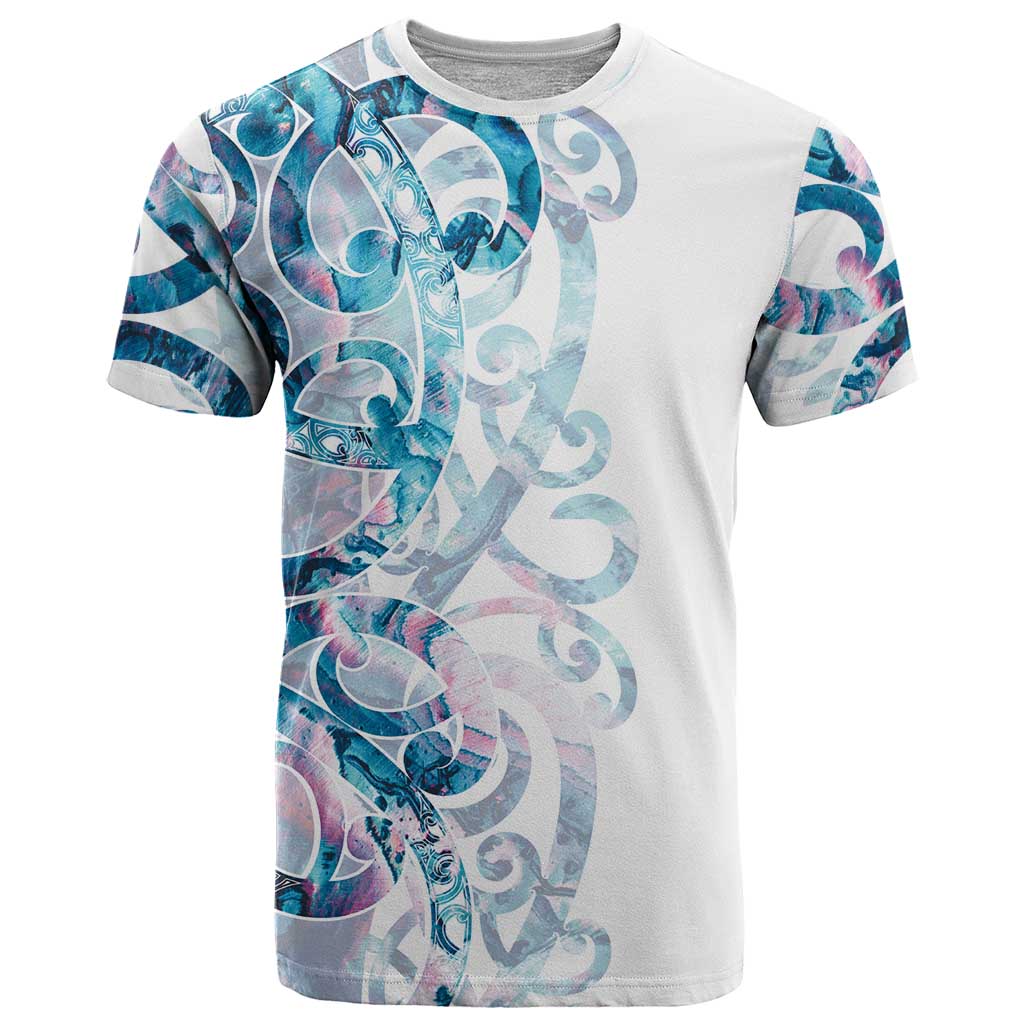 Turquoise Paua Shell Maori T Shirt Koru Kowhaiwhai LT7 White - Polynesian Pride