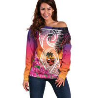 Guam Chamorro Off Shoulder Sweater Artsy Latte Stone LT7 Women Art - Polynesian Pride