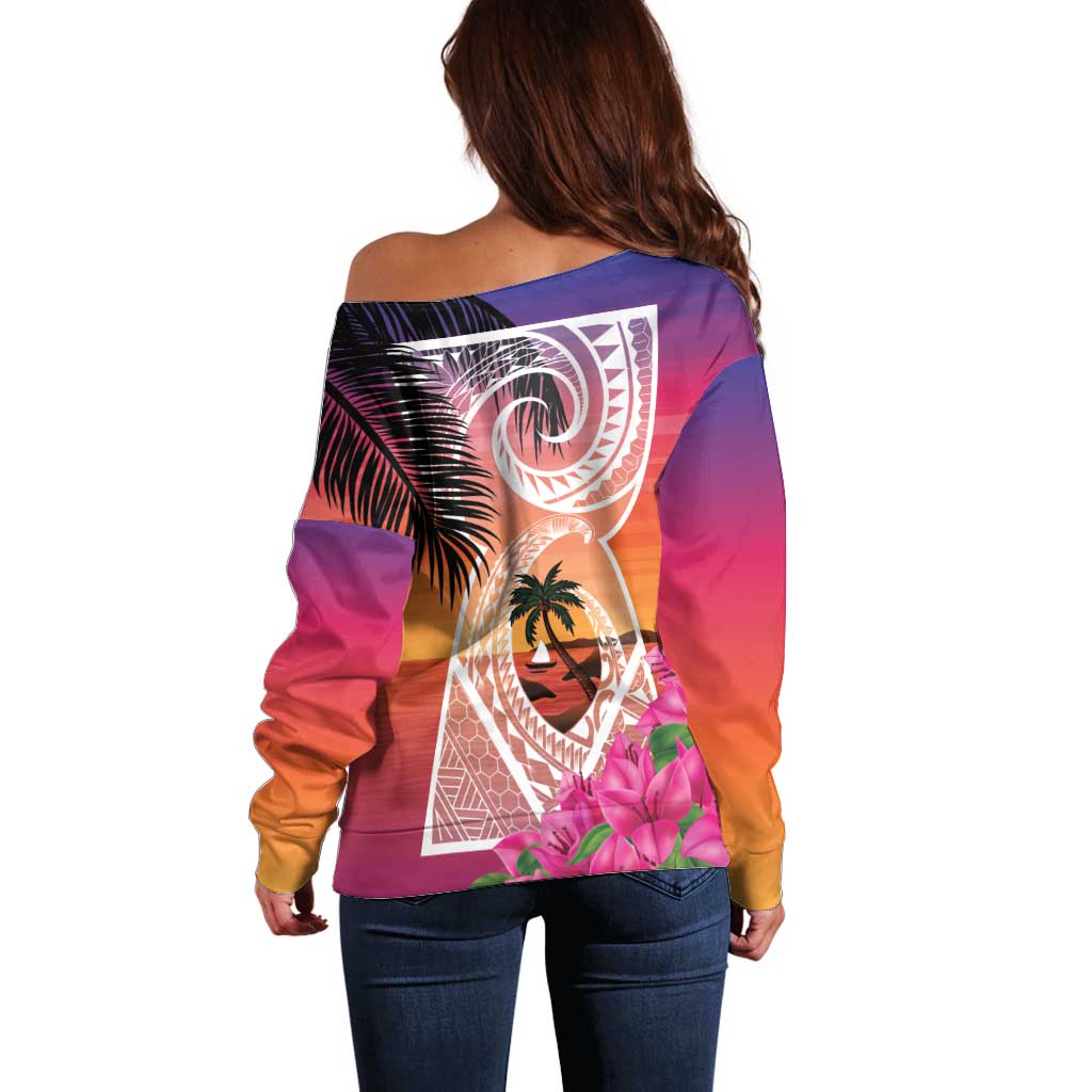 Guam Chamorro Off Shoulder Sweater Artsy Latte Stone LT7 - Polynesian Pride