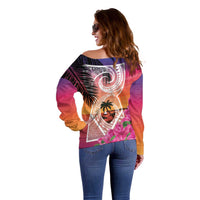 Guam Chamorro Off Shoulder Sweater Artsy Latte Stone LT7 - Polynesian Pride