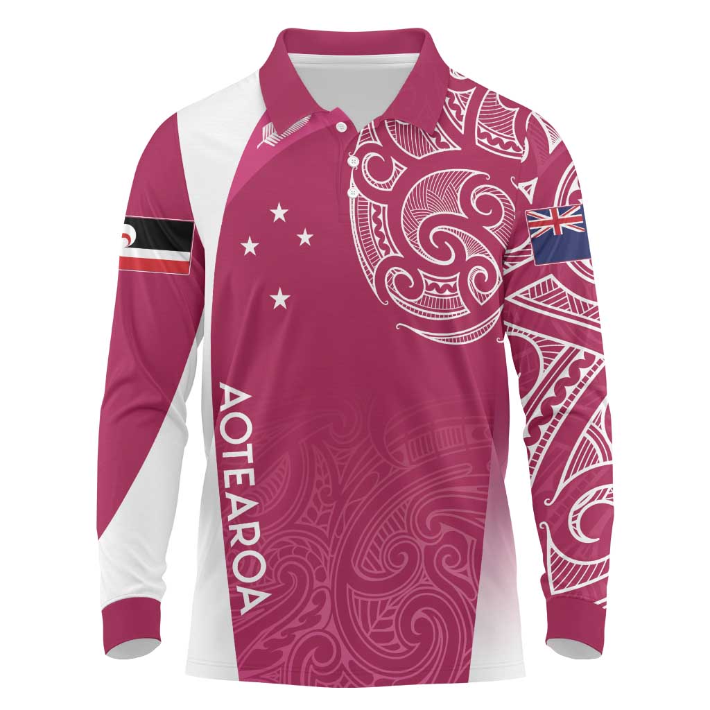 Personalised New Zealand Rugby Long Sleeve Polo Shirt Aotearoa Champions - Pink Version LT7 Pink - Polynesian Pride