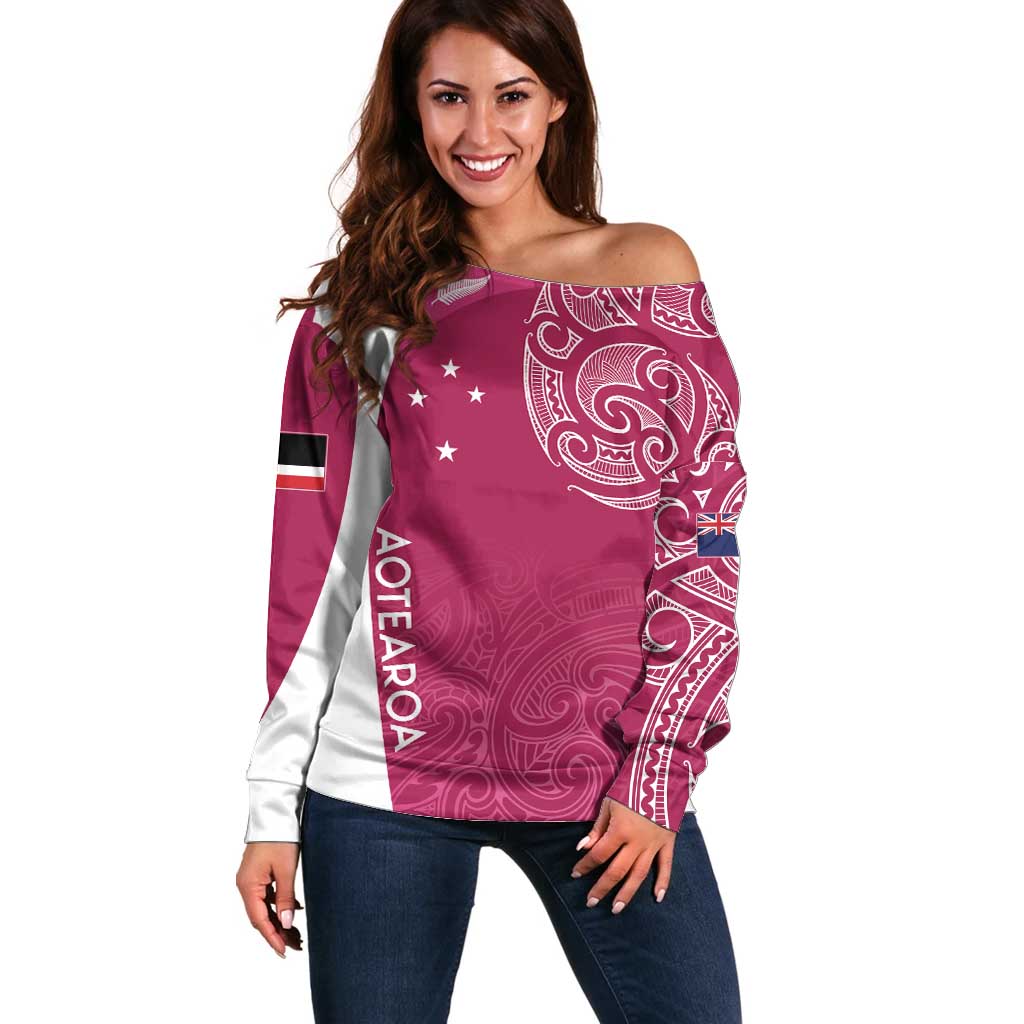 Personalised New Zealand Rugby Off Shoulder Sweater Aotearoa Champions - Pink Version