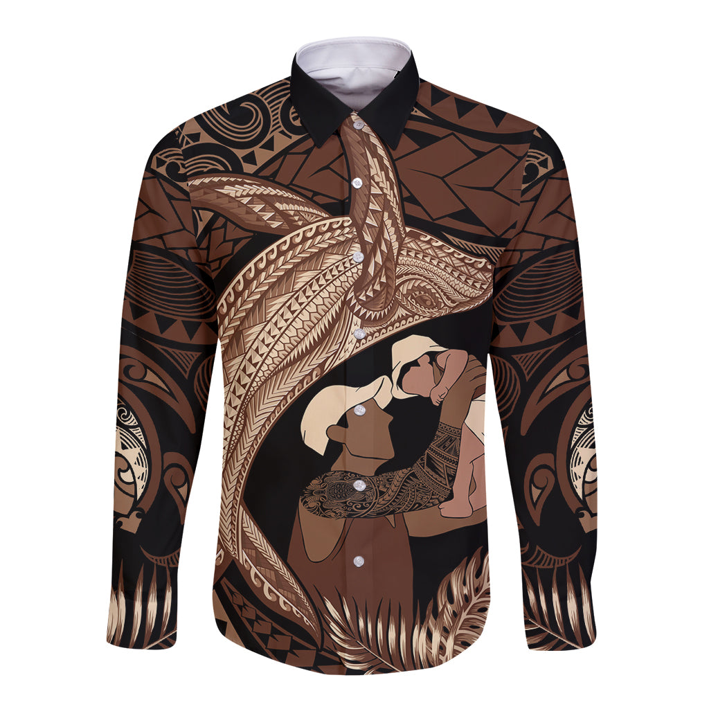 Father's Day Polynesian Pattern Long Sleeve Button Shirt Tropical Humpback Whale LT7 Unisex Brown - Polynesian Pride