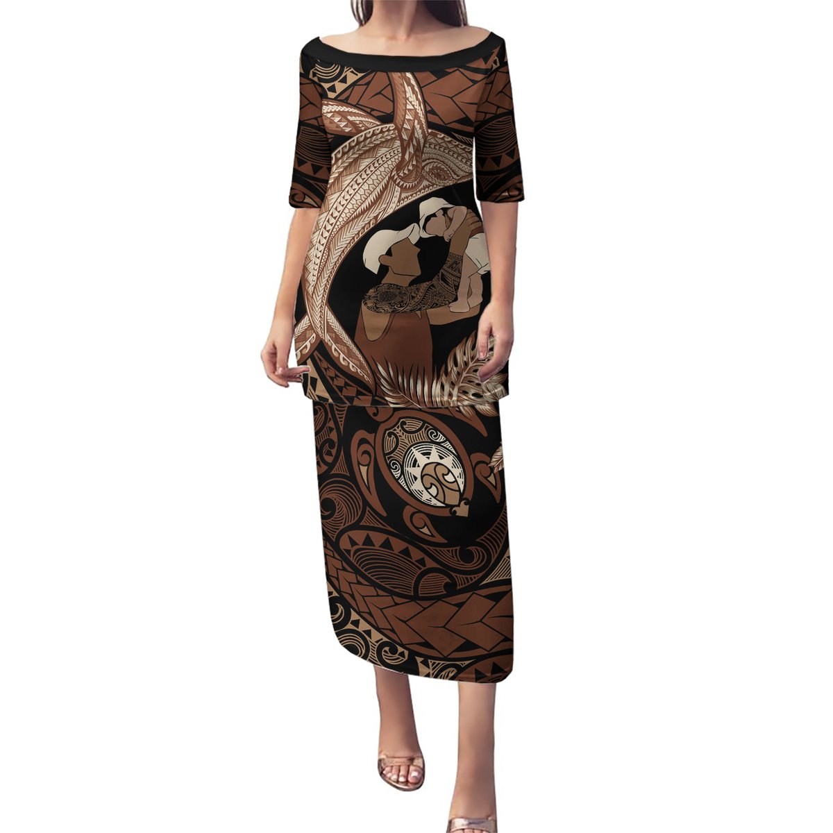 Father's Day Polynesian Pattern Puletasi Tropical Humpback Whale LT7 Long Dress Brown - Polynesian Pride