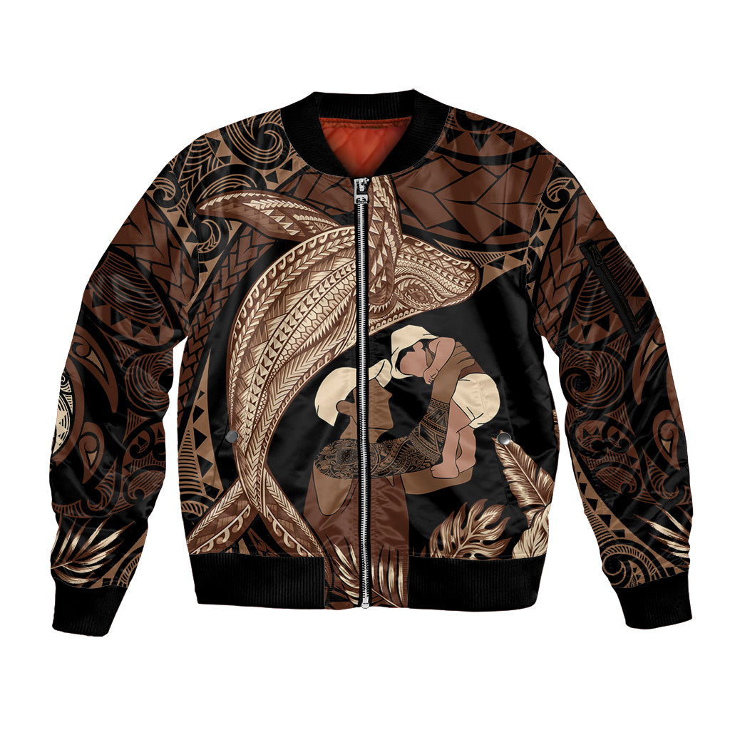 Father's Day Polynesian Pattern Sleeve Zip Bomber Jacket Tropical Humpback Whale LT7 Unisex Brown - Polynesian Pride